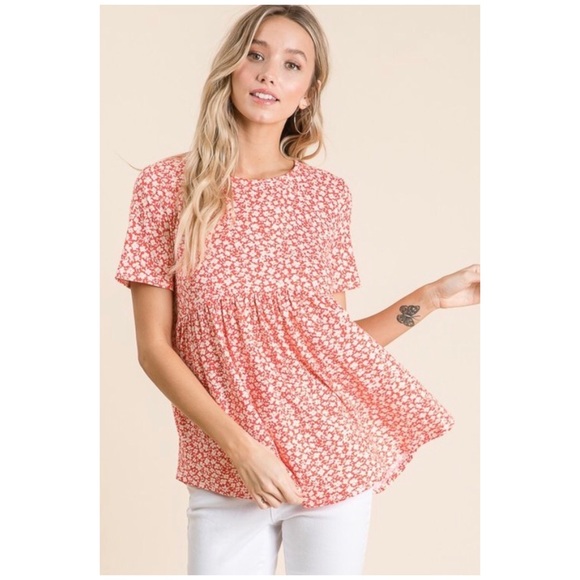 CLEARANCE Ditsy Coral Floral Short Sleeve Babydoll Top - Picture 3 of 5